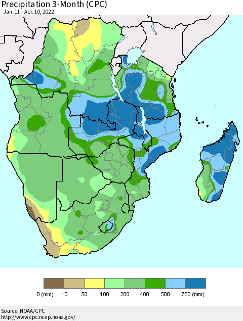 Southern Africa Precipitation 3-Month (CPC) Thematic Map For 1/11/2022 - 4/10/2022