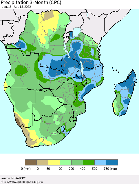 Southern Africa Precipitation 3-Month (CPC) Thematic Map For 1/16/2022 - 4/15/2022