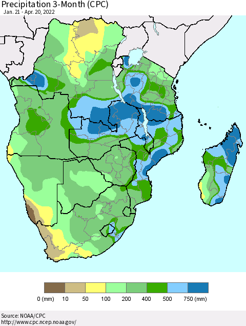 Southern Africa Precipitation 3-Month (CPC) Thematic Map For 1/21/2022 - 4/20/2022