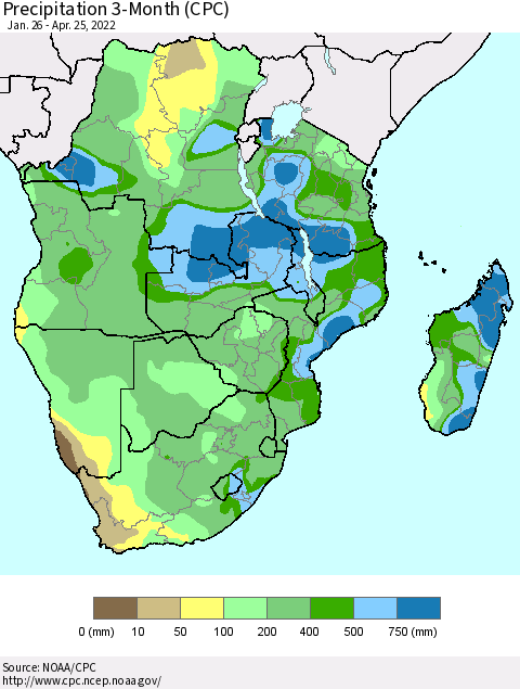 Southern Africa Precipitation 3-Month (CPC) Thematic Map For 1/26/2022 - 4/25/2022