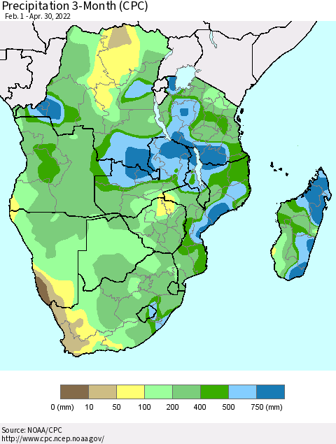 Southern Africa Precipitation 3-Month (CPC) Thematic Map For 2/1/2022 - 4/30/2022