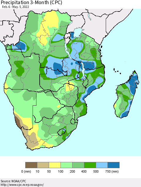 Southern Africa Precipitation 3-Month (CPC) Thematic Map For 2/6/2022 - 5/5/2022