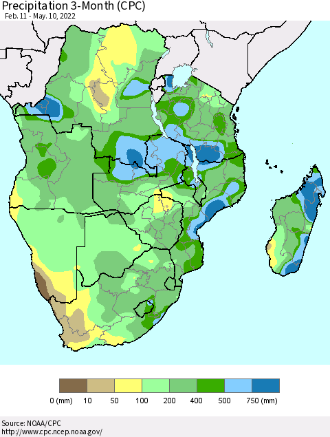 Southern Africa Precipitation 3-Month (CPC) Thematic Map For 2/11/2022 - 5/10/2022