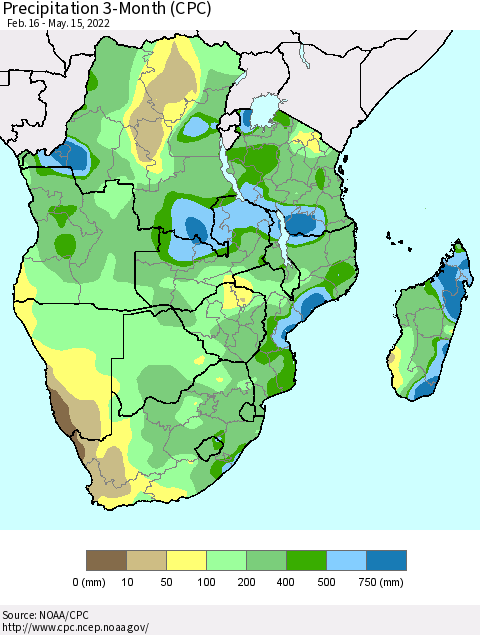 Southern Africa Precipitation 3-Month (CPC) Thematic Map For 2/16/2022 - 5/15/2022