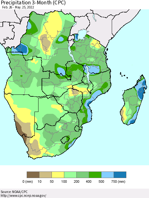 Southern Africa Precipitation 3-Month (CPC) Thematic Map For 2/26/2022 - 5/25/2022
