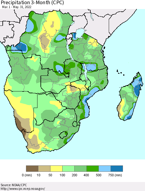 Southern Africa Precipitation 3-Month (CPC) Thematic Map For 3/1/2022 - 5/31/2022