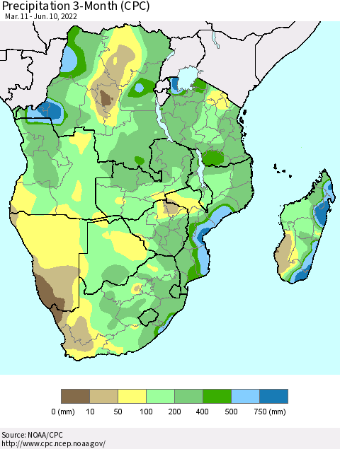 Southern Africa Precipitation 3-Month (CPC) Thematic Map For 3/11/2022 - 6/10/2022