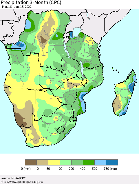 Southern Africa Precipitation 3-Month (CPC) Thematic Map For 3/16/2022 - 6/15/2022