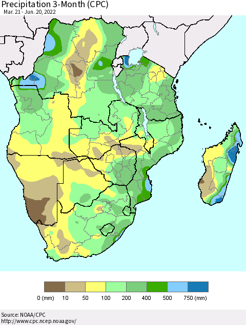 Southern Africa Precipitation 3-Month (CPC) Thematic Map For 3/21/2022 - 6/20/2022