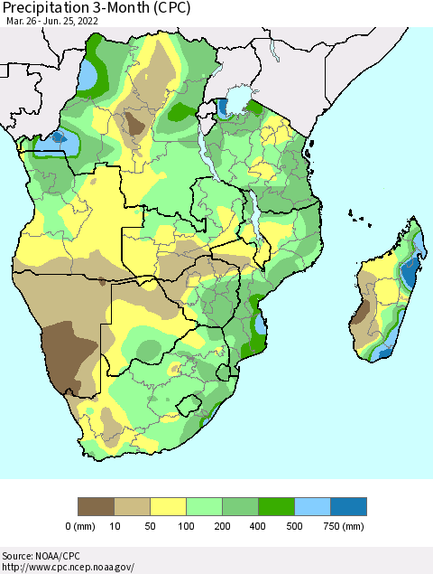 Southern Africa Precipitation 3-Month (CPC) Thematic Map For 3/26/2022 - 6/25/2022