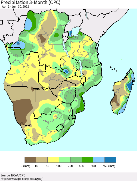 Southern Africa Precipitation 3-Month (CPC) Thematic Map For 4/1/2022 - 6/30/2022