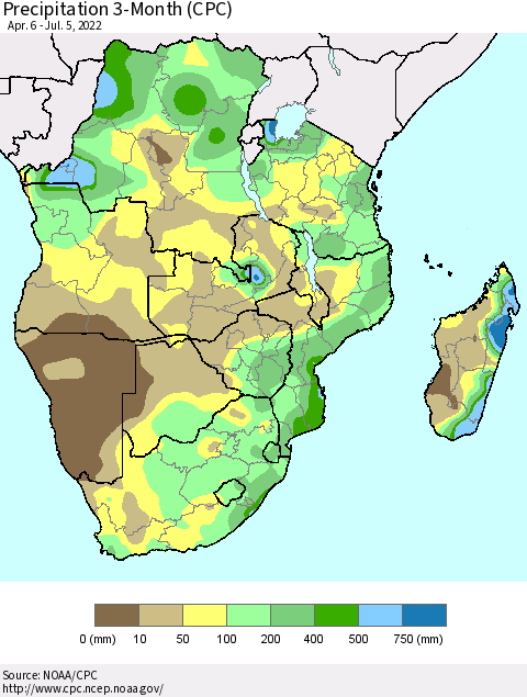 Southern Africa Precipitation 3-Month (CPC) Thematic Map For 4/6/2022 - 7/5/2022