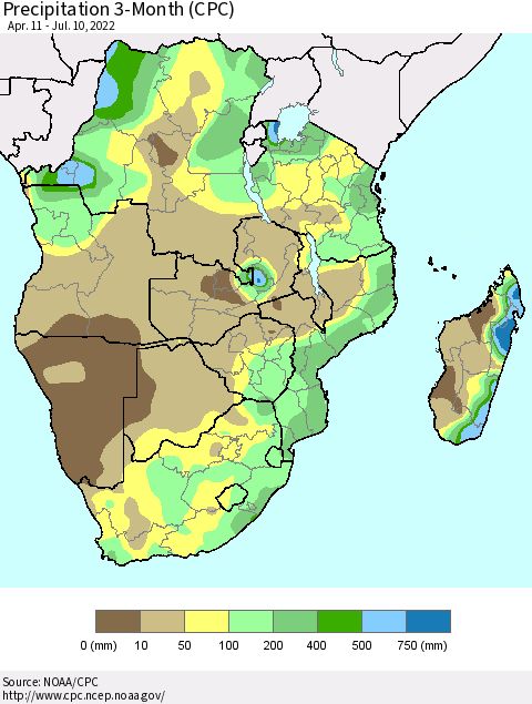 Southern Africa Precipitation 3-Month (CPC) Thematic Map For 4/11/2022 - 7/10/2022