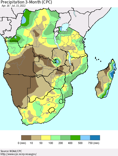 Southern Africa Precipitation 3-Month (CPC) Thematic Map For 4/16/2022 - 7/15/2022