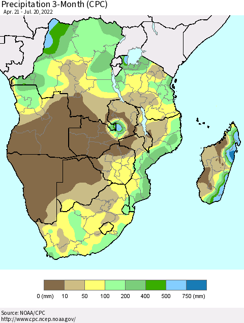 Southern Africa Precipitation 3-Month (CPC) Thematic Map For 4/21/2022 - 7/20/2022
