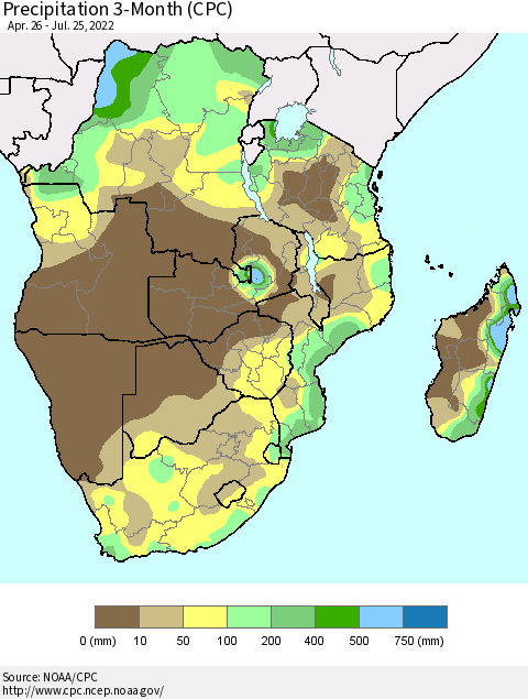 Southern Africa Precipitation 3-Month (CPC) Thematic Map For 4/26/2022 - 7/25/2022