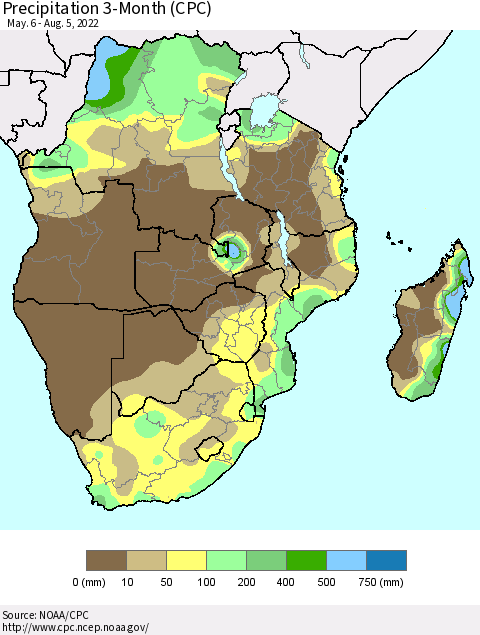 Southern Africa Precipitation 3-Month (CPC) Thematic Map For 5/6/2022 - 8/5/2022