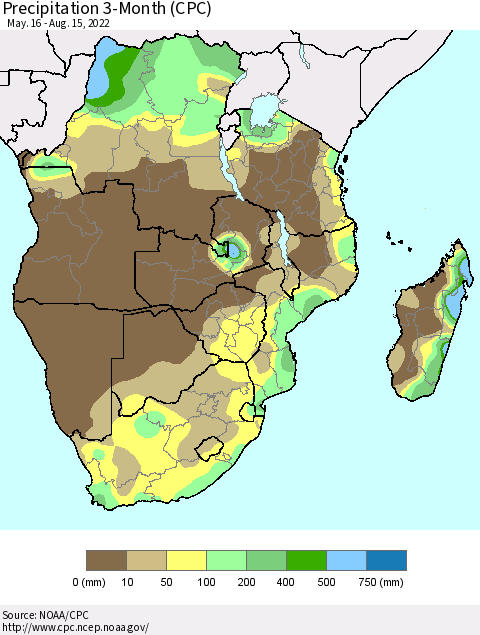 Southern Africa Precipitation 3-Month (CPC) Thematic Map For 5/16/2022 - 8/15/2022