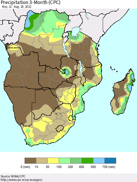 Southern Africa Precipitation 3-Month (CPC) Thematic Map For 5/21/2022 - 8/20/2022