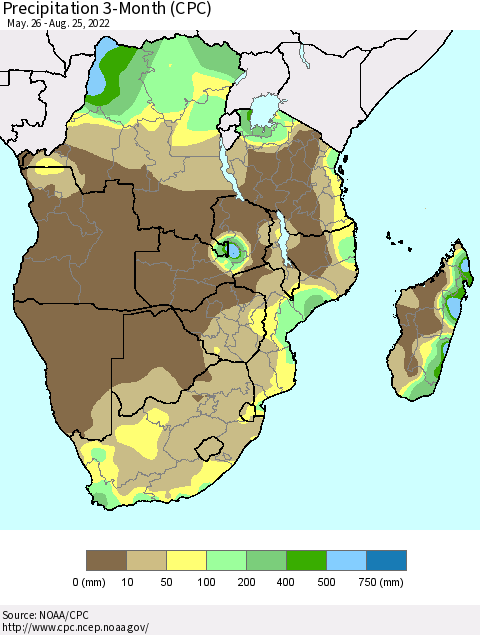 Southern Africa Precipitation 3-Month (CPC) Thematic Map For 5/26/2022 - 8/25/2022
