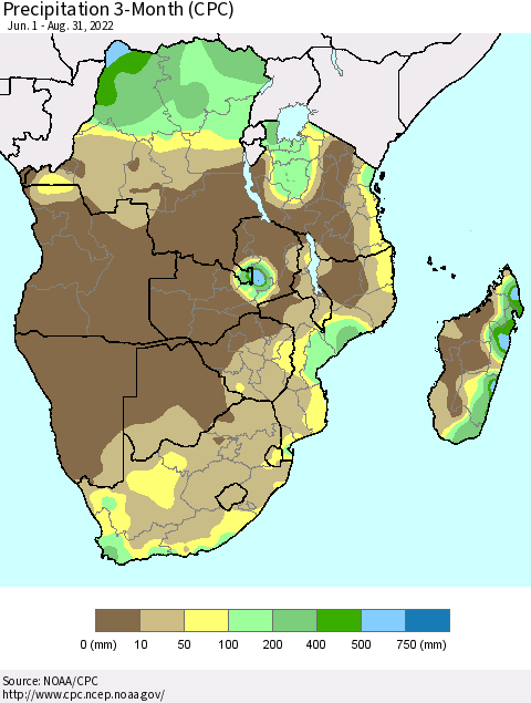 Southern Africa Precipitation 3-Month (CPC) Thematic Map For 6/1/2022 - 8/31/2022