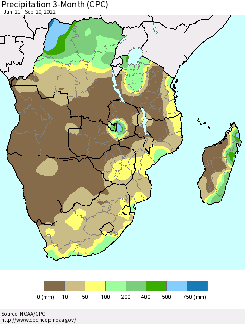 Southern Africa Precipitation 3-Month (CPC) Thematic Map For 6/21/2022 - 9/20/2022