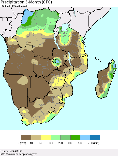 Southern Africa Precipitation 3-Month (CPC) Thematic Map For 6/26/2022 - 9/25/2022