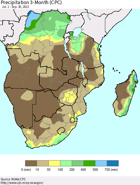 Southern Africa Precipitation 3-Month (CPC) Thematic Map For 7/1/2022 - 9/30/2022