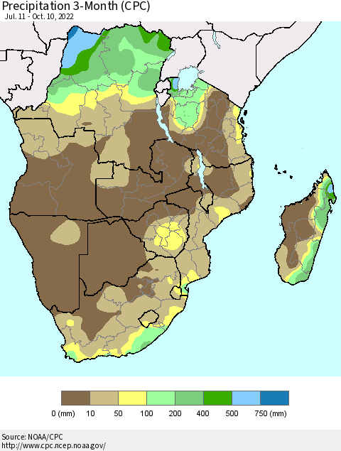 Southern Africa Precipitation 3-Month (CPC) Thematic Map For 7/11/2022 - 10/10/2022