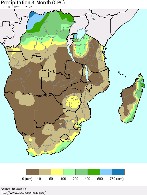 Southern Africa Precipitation 3-Month (CPC) Thematic Map For 7/16/2022 - 10/15/2022