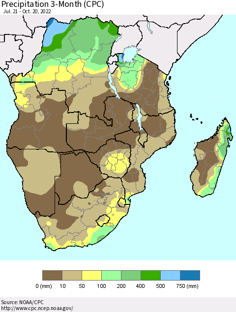 Southern Africa Precipitation 3-Month (CPC) Thematic Map For 7/21/2022 - 10/20/2022