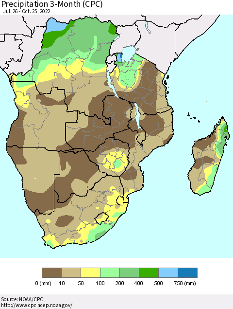 Southern Africa Precipitation 3-Month (CPC) Thematic Map For 7/26/2022 - 10/25/2022