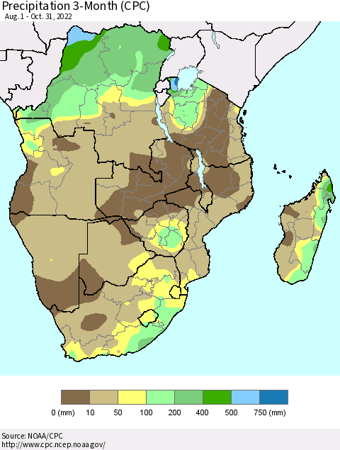 Southern Africa Precipitation 3-Month (CPC) Thematic Map For 8/1/2022 - 10/31/2022