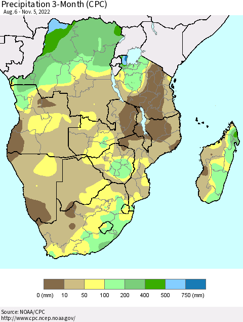 Southern Africa Precipitation 3-Month (CPC) Thematic Map For 8/6/2022 - 11/5/2022