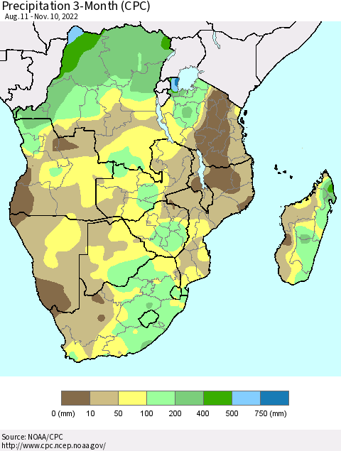 Southern Africa Precipitation 3-Month (CPC) Thematic Map For 8/11/2022 - 11/10/2022