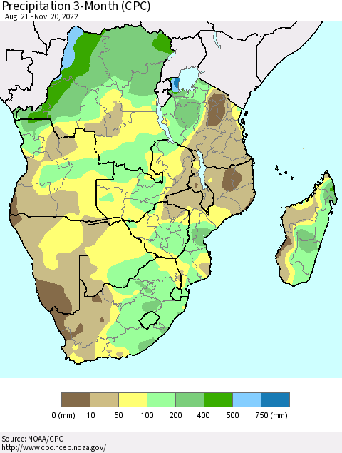 Southern Africa Precipitation 3-Month (CPC) Thematic Map For 8/21/2022 - 11/20/2022