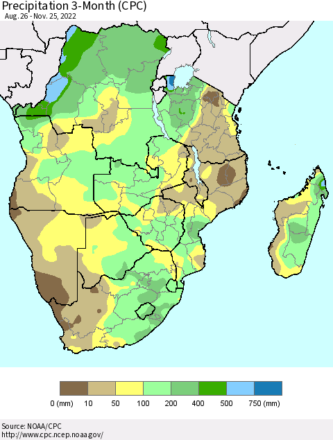 Southern Africa Precipitation 3-Month (CPC) Thematic Map For 8/26/2022 - 11/25/2022