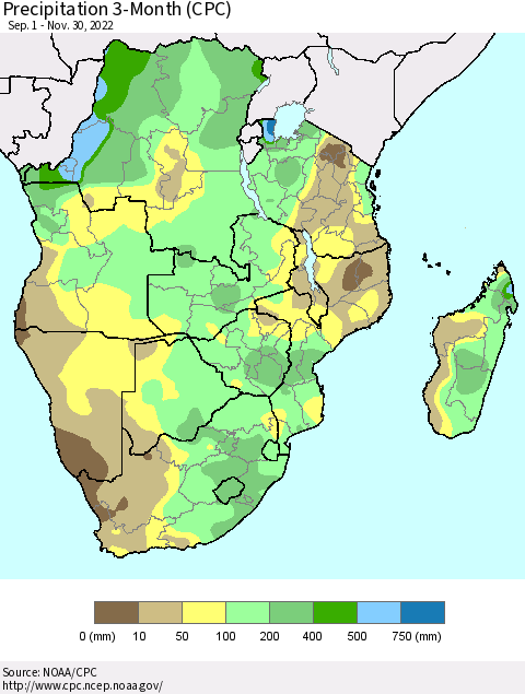 Southern Africa Precipitation 3-Month (CPC) Thematic Map For 9/1/2022 - 11/30/2022