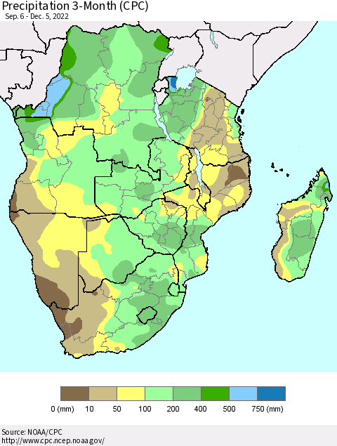 Southern Africa Precipitation 3-Month (CPC) Thematic Map For 9/6/2022 - 12/5/2022