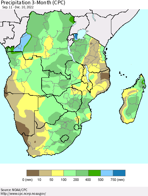 Southern Africa Precipitation 3-Month (CPC) Thematic Map For 9/11/2022 - 12/10/2022