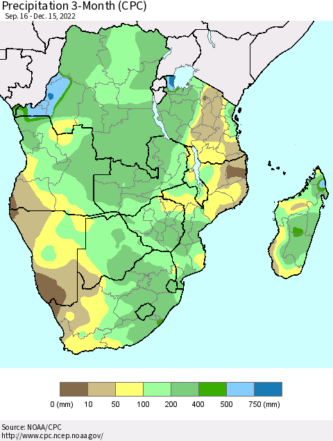 Southern Africa Precipitation 3-Month (CPC) Thematic Map For 9/16/2022 - 12/15/2022