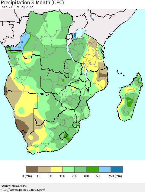 Southern Africa Precipitation 3-Month (CPC) Thematic Map For 9/21/2022 - 12/20/2022