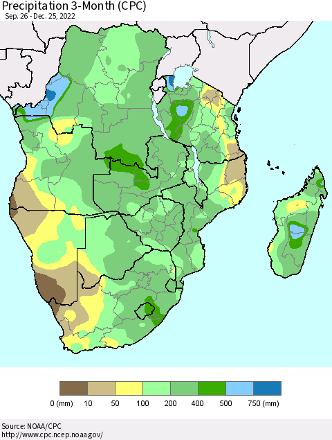 Southern Africa Precipitation 3-Month (CPC) Thematic Map For 9/26/2022 - 12/25/2022