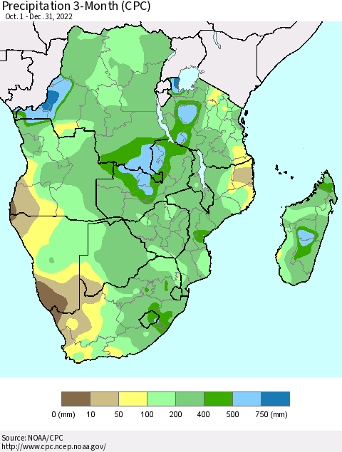 Southern Africa Precipitation 3-Month (CPC) Thematic Map For 10/1/2022 - 12/31/2022