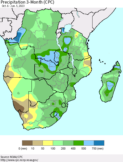 Southern Africa Precipitation 3-Month (CPC) Thematic Map For 10/6/2022 - 1/5/2023