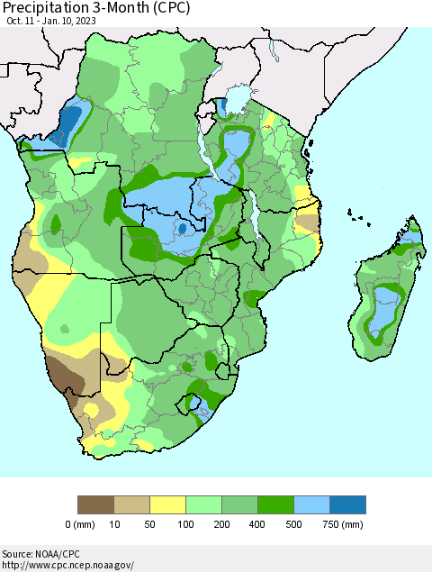 Southern Africa Precipitation 3-Month (CPC) Thematic Map For 10/11/2022 - 1/10/2023