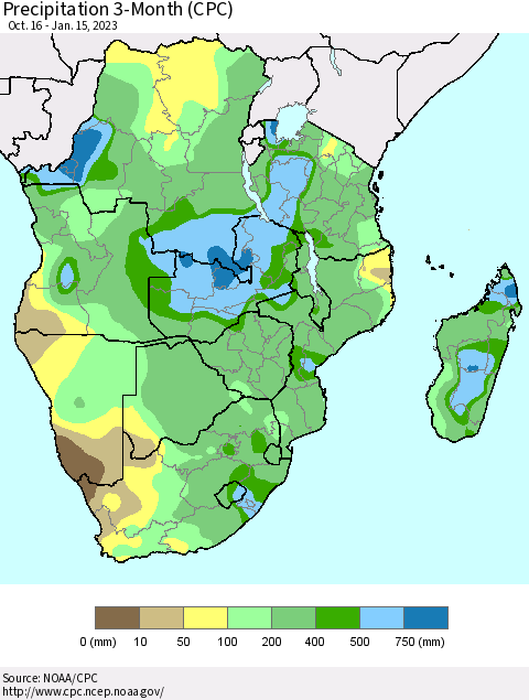 Southern Africa Precipitation 3-Month (CPC) Thematic Map For 10/16/2022 - 1/15/2023