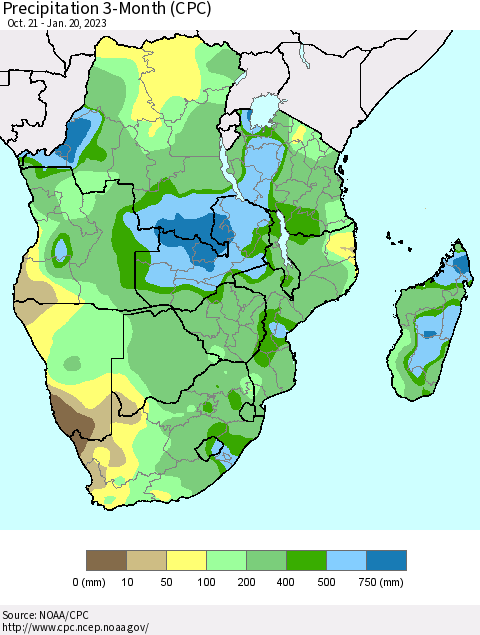Southern Africa Precipitation 3-Month (CPC) Thematic Map For 10/21/2022 - 1/20/2023