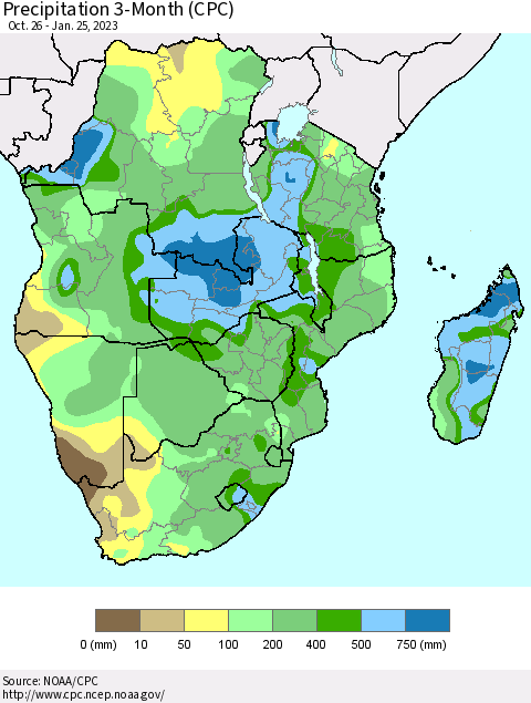 Southern Africa Precipitation 3-Month (CPC) Thematic Map For 10/26/2022 - 1/25/2023