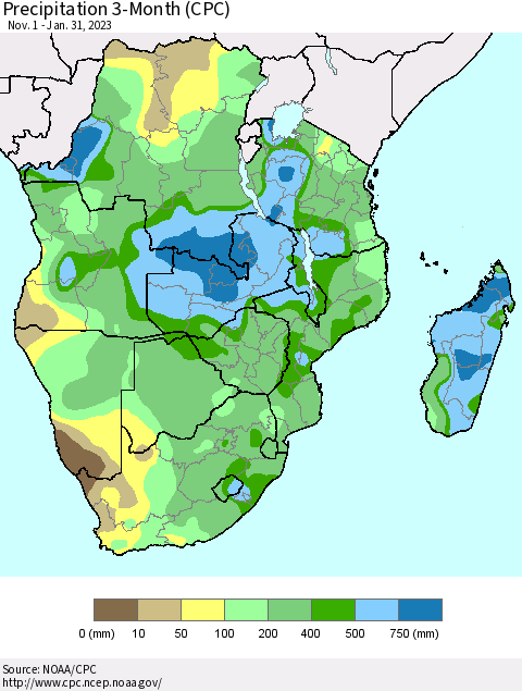 Southern Africa Precipitation 3-Month (CPC) Thematic Map For 11/1/2022 - 1/31/2023